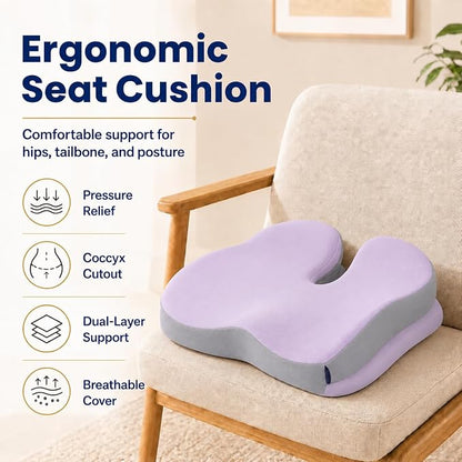 Seat Cushions for Office Chairs Wheelchair Cushion for Long Sitting Back Pain，Memory Foam Seat Car Computer Desk Chair Cushion，Coccyx Cushion for Tailbone Pain Relief Office Chair Butt Pillow Purple