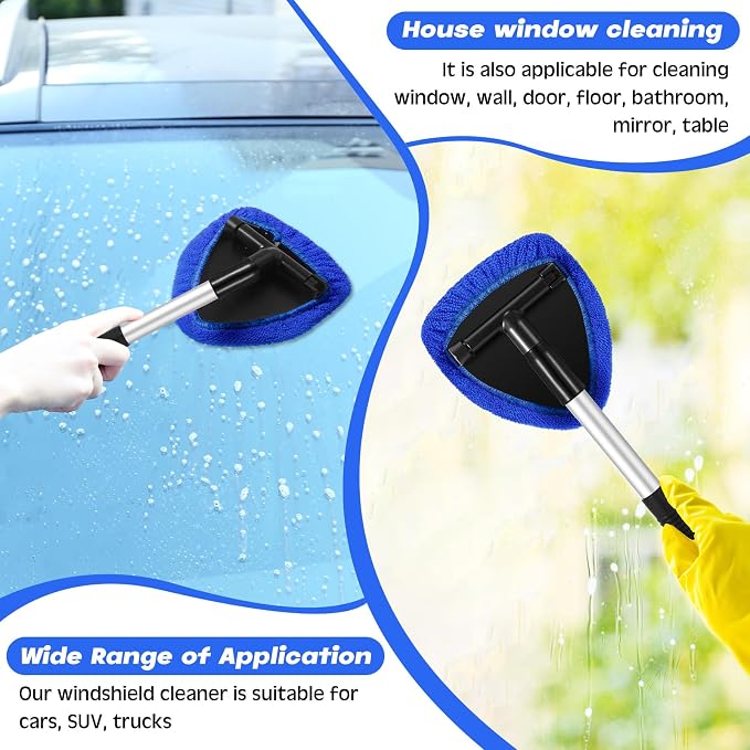 Baderke 10 Pcs Windshield Cleaner Tool Car Window Cleaning Supplies with Extendable Handle Include 6 Washable Microfiber Bonnets 2 Empty 60ml Spray Bottle Glass Wiper Kit(Royal Blue)