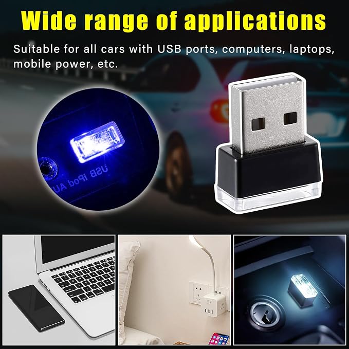 Augeny 4 PCS USB LED Car Interior Atmosphere Lamp, Plug-in USB Decor Night Light, Portable Auto Ambient Lighting Kit, Universal Vehicle Interior Accessories for Most Cars (White & Blue)