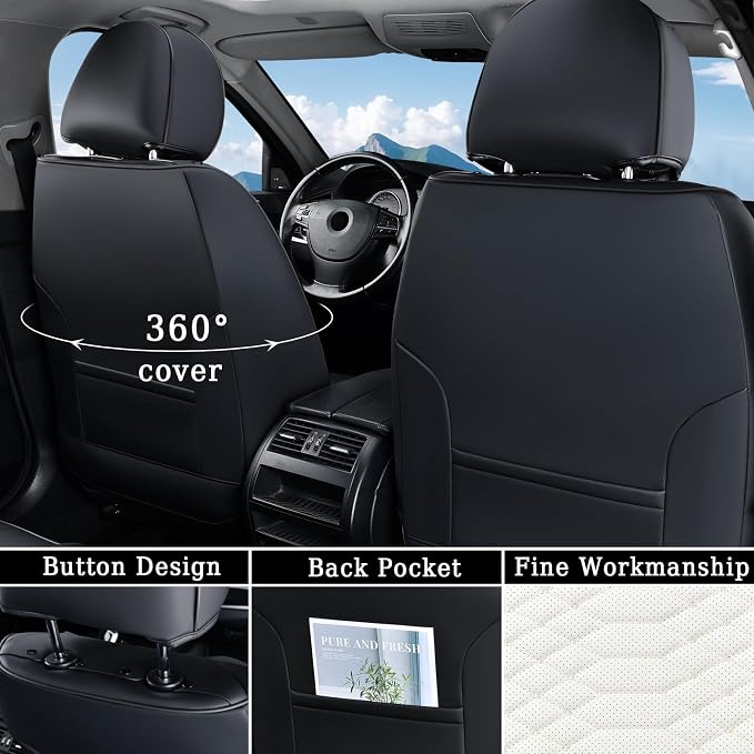 Coverado Leather Seat Covers, Car Seat Covers Full Set, Waterproof Nappa Leather Car Seat Cover, Car Seat Protectors 5 Seats, Black & White Automotive Seat Covers Fit for Most Cars Trucks