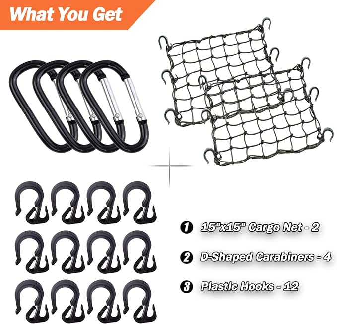 Cargo Net 15"x15" Stretches to 30"x30" with Thicken Hooks | Natural Latex Core, Tight 2”x2” Mesh Small Heavy Duty Bungee Net for Motorcycle Helmet, Bike, ATV, UTV, Luggage (Black, 2 Pack)