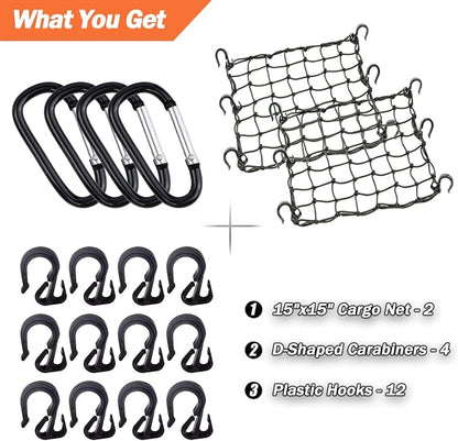 Cargo Net 15"x15" Stretches to 30"x30" with Thicken Hooks | Natural Latex Core, Tight 2”x2” Mesh Small Heavy Duty Bungee Net for Motorcycle Helmet, Bike, ATV, UTV, Luggage (Black, 2 Pack)
