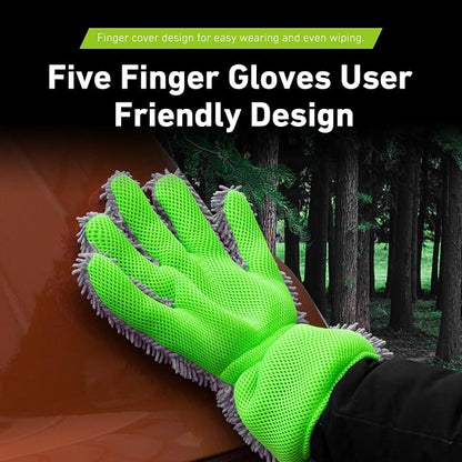 2 PCS Car Wash Mitts, 5-Finger Microfiber Scratch-Free Cleaning Gloves, Double-Sided Coral Velvet Car Interior Exterior Wash Gloves, Universal Cleaning Tool for Cars Families (Gray&Green)