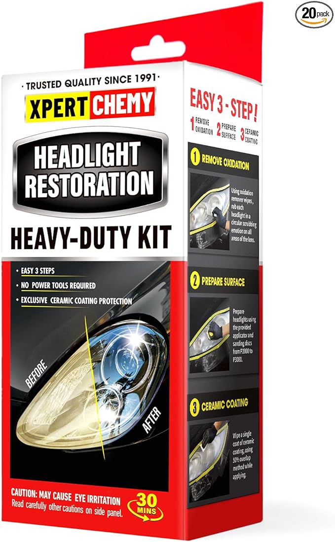 XPERTCHEMY Headlight Restoration Kit-Headlight Cleaner Removing The Heavy-Duty Yellowing, Clouding and Stains, Even Buffs Out Unsightly Hairline Scratches,No Power Tools Needed
