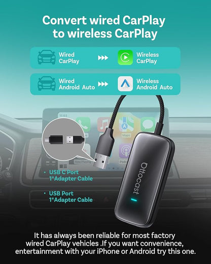 OTTOCAST Play2Video Ultra Wireless Apple CarPlay, AI Magic Box | Android Auto Adapter with WiFi 6, Bluetooth 5.4,Supports Factory Wired CarPlay