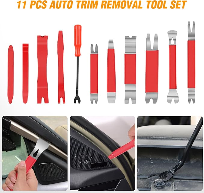 GOOACC 11PCS Trim Removal Tool Kit, Metal & Nylon Pry Tools Set for Car Door Panel, Dashboard, Audio, Clips, Fastener Remover w/Storage Box – Red