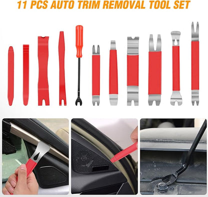 GOOACC 11PCS Trim Removal Tool Kit, Metal & Nylon Pry Tools Set for Car Door Panel, Dashboard, Audio, Clips, Fastener Remover w/Storage Box – Red