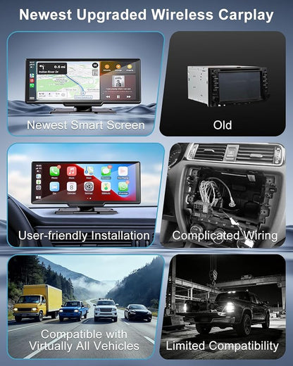 10.26" Apple Carplay Screen for Car, Wireless Portable Car Play & Android Auto HD Touch Screen, 4K Dash Cam, 1080P Backup Camera, Bluetooth 5.0, FM/Mirror Link/GPS Navigation, for All Vehicles
