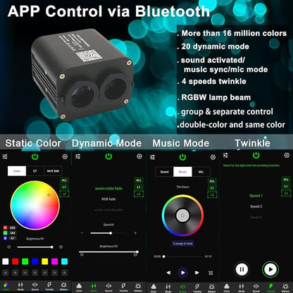 AZIMOM Dual Color 20W Twinkle 1000pcs Fiber Optic Starlight Headliner Kits 0.03in 13.1ft Fiber Strands End Glow Sound Activated Remote APP Control RGBW Light Source Home Ceiling Car Headliner Décor