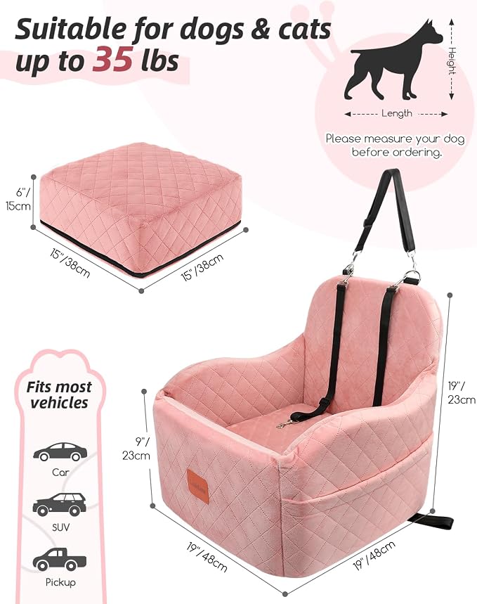 Lealchum Dog Booster Car Seat for Small/Medium Dogs,Soft Puppy Portable Car Seat with Elevated Cushion,Fits in Front/Back Seat,Fully Detachable and Washable,Easy to Install (Pink, Medium)