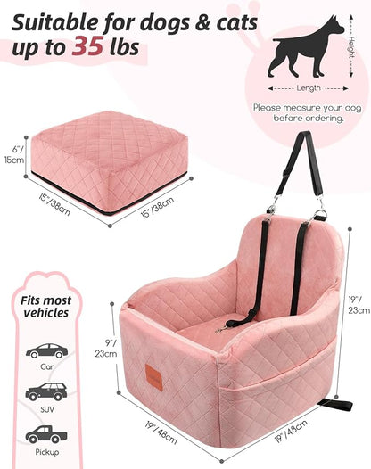 Lealchum Dog Booster Car Seat for Small/Medium Dogs,Soft Puppy Portable Car Seat with Elevated Cushion,Fits in Front/Back Seat,Fully Detachable and Washable,Easy to Install (Pink, Medium)