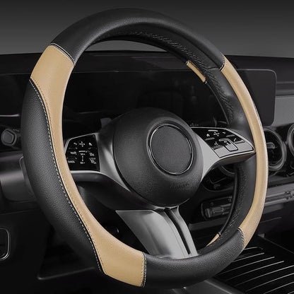 CAR PASS Faux Leather Steering Wheel Cover and Waterproof Car Floor Mats,Universal Car Combo Fit for 95% Sedan,SUV,Cars,14.5-15inch Sporty Anti-Slip Safety Comfortable Design(Black＆Beige)