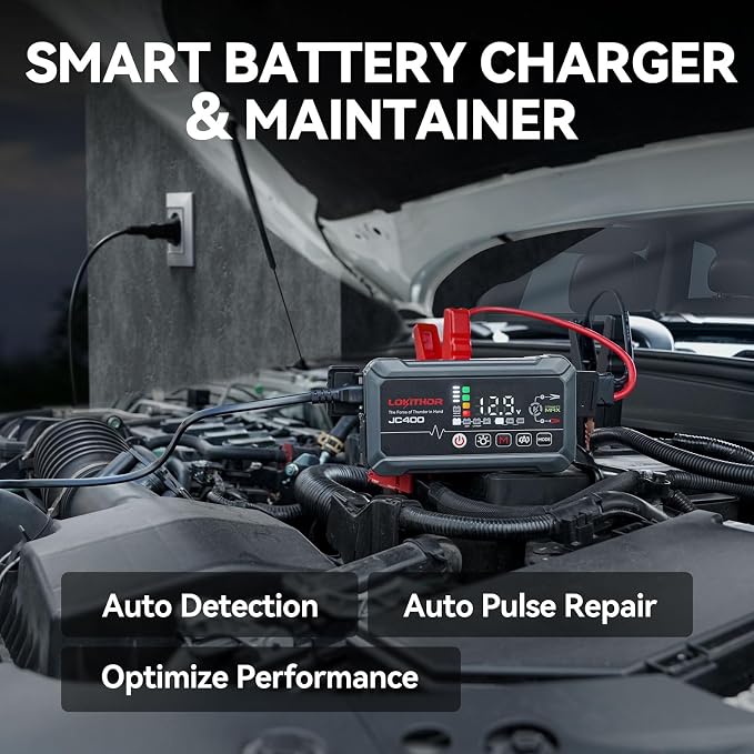 LOKITHOR JC400 9-in-1 Battery Charger and Jump Starter, 2500A 12V Portable Jump Box for Car Upto 8.5L Gas/6.5L Diesel, 750mA/1A/2A, 6V/12V Automotive Battery Maintainer, Trickle Charger and Desulfator