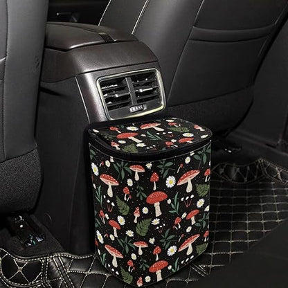 Car Trash Can with Lid and Zipper Boho Cottagecore Mushroom Ferns Print Leakproof Garbage Bag Hanging Back of Seat Auto Interior Accessories Portable Trash Bin Organizer and Storage Bag