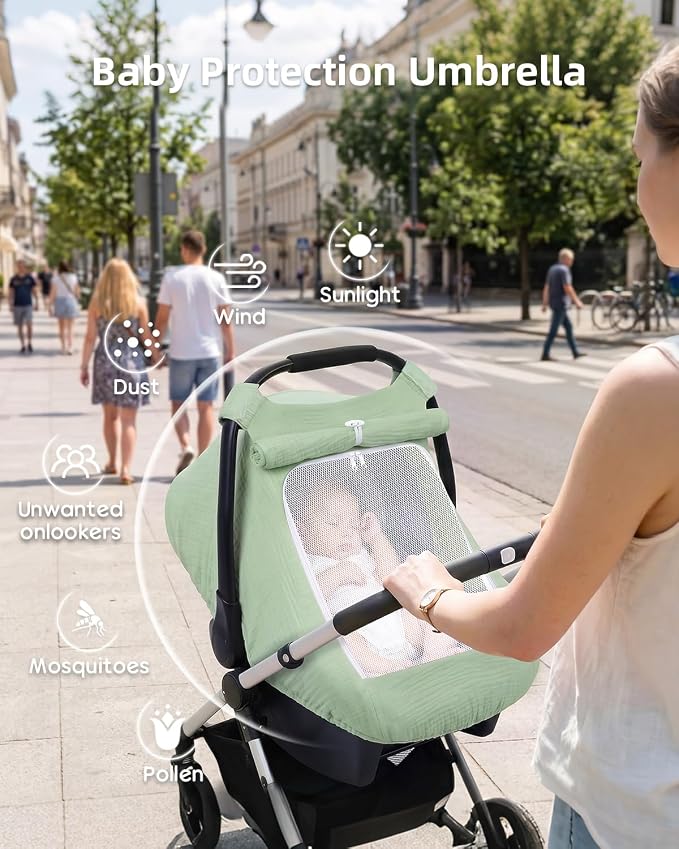 Rquite Car Seat Cover Baby Girl Boy, 100% Muslin Cotton Carseat Covers, Breathable Infant Windproof Canopy with Mesh Window, Stroller Sun Shade for Summer & Hot Day, Sage Green