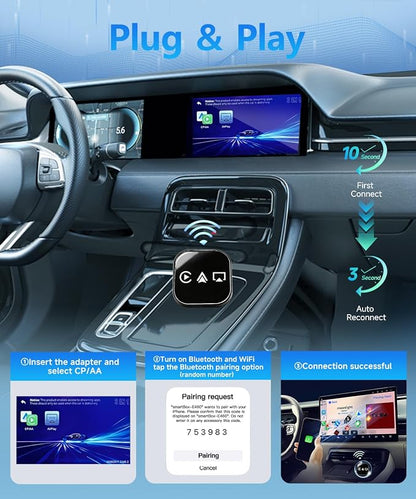 VQU 3 in 1 Mini Wireless Carplay Adapter for Phones, Carplay/Android Auto for Adapter, Bluetooth 5.0,Plug & Play,USB/Type-C Connection,iOS10+ / Android 11 (Black)