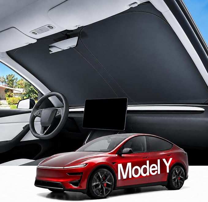 REEVAA Upgraded for Tesla New Model Y 2016-2026 (Juniper) Windshield Sunshade [Tailored Fit, 99% Sun Protection] Foldable Sun Shade Car Accessories with Storage Bag