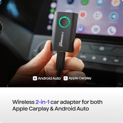 AAWireless TWO+ Compatible with Android Auto & Apple Carplay 2-in-1 Wireless Adapter | Wireless Connection via Bluetooth & WiFi | iPhone X+ & Android 11+ | Multifunctional Button | Made in Europe