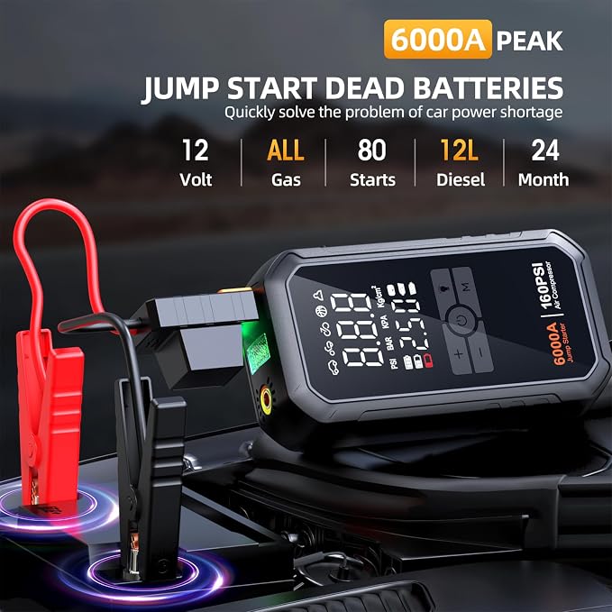 Portable 10-in-1 Car Battery Jump Starter with Air Compressor 6000A 160PSI Portable Car Jumper Starter (All Gas 12L Diesel), 12V Jump Box Car Battery Jump Starter Portable Jumper Cables, Lights