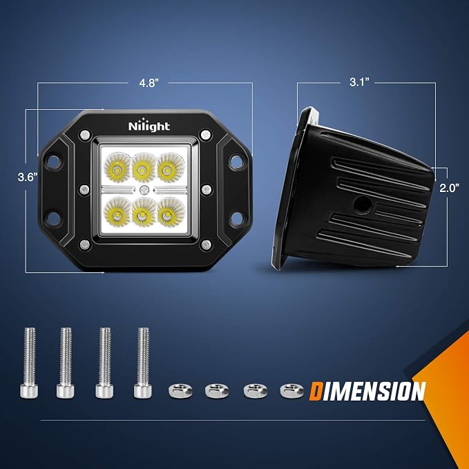 Nilight - NI23C-18W 2PCS 18W Flood LED Work Light Driving Lights Led Light Bar Off Road Led Lights Flush Mount for Jeep Truck Tacoma Bumper ATV UTV