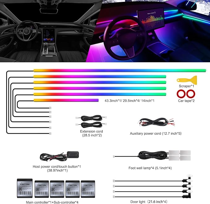 Dreamcolor Acrylic Interior Car LED Strip Light with Wireless APP, RGB 14 in 1 with 175 inches 593 Neon Car Ambient Lighting Kits, Dual Zone Music Sync LEDs Fiber Optic Strip Neon Lights for Car