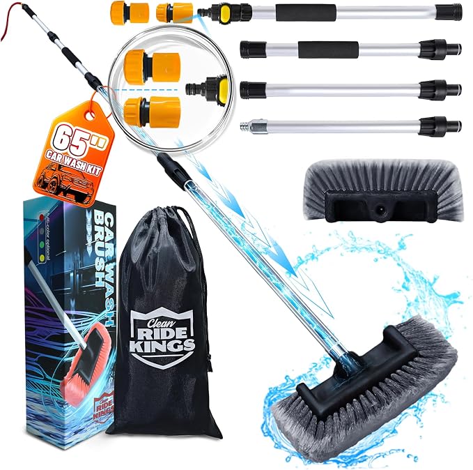 65" Flow-Thru Car Wash Brush with Universal Garden Hose Adapter, Extendable Aluminum Long Handle Cleaning Pole for RV Truck SUV Boat & House Siding,Scratch Free,Grey