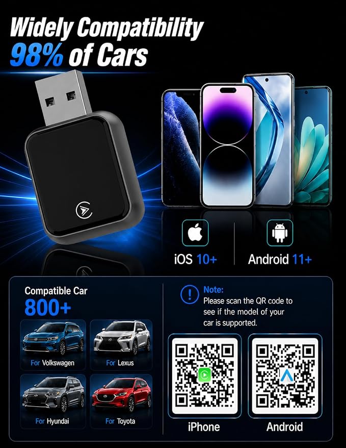 2026 Upgraded USB Wireless CarPlay Adapter for iPhone, Bluetooth 5.8 and Wi-Fi 6, Automatic & Zero-Delay Connection, Android auto Carplay Wireless Adapter for Android and iOS Systems. (Dark Gray)
