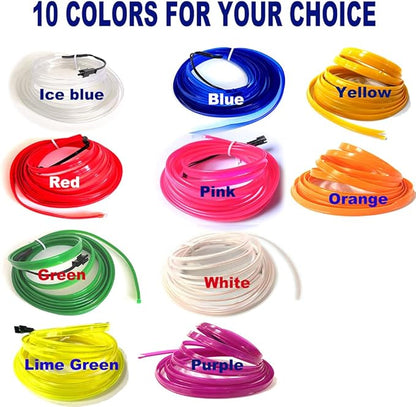 MaxLax El Wire Lemon Green Interior Car LED Strip Lights, 10m neon Wire 12V with Fuse Protection for Automotive Car Interior Decoration with 6mm Sewing Edge