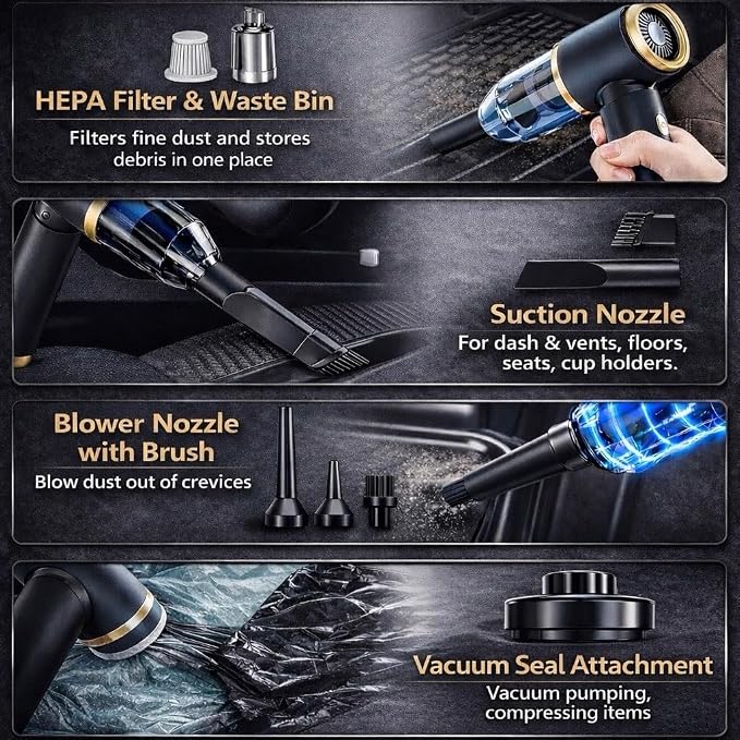 Portable Car Vacuum and Air Duster, 9000pa Suction, 4000mah Battery, USB-C Charging, Black and Gold, with 6 Attachments