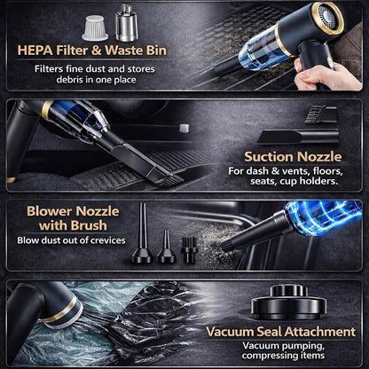 Portable Car Vacuum and Air Duster, 9000pa Suction, 4000mah Battery, USB-C Charging, Black and Gold, with 6 Attachments