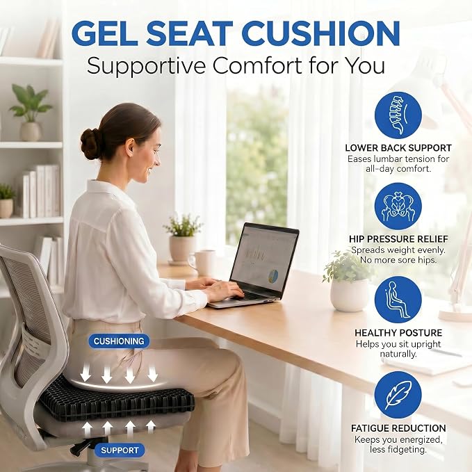 Gel Seat Cushion for Long Sitting – Double-Layer Honeycomb Cooling Chair Pad, Thick Supportive Gel Cushion with Breathable Non-Slip Cover for Office Chair, Car, Wheelchair & Long Sitting（Black）