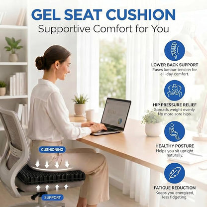 Gel Seat Cushion for Long Sitting – Double-Layer Honeycomb Cooling Chair Pad, Thick Supportive Gel Cushion with Breathable Non-Slip Cover for Office Chair, Car, Wheelchair & Long Sitting（Black）