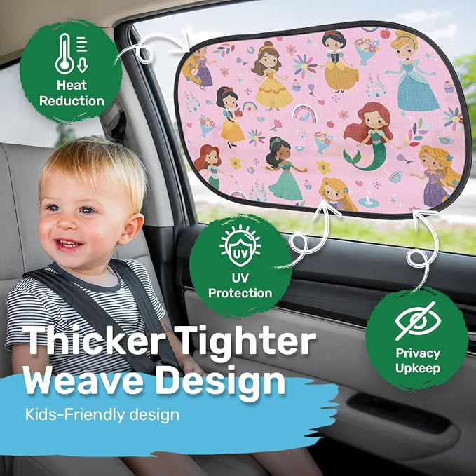 GENANY 2pcs Princess Window Sun Shade for Sedan SUV Truck (21x14 Inches), Sun Shades for Side Window, Accessories for Kids, Baby Window Shades, Summer Car Decor