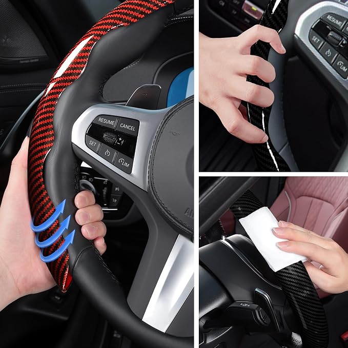 Car Steering Wheel Cover Set Bright Carbon Fiber Wrap Non-Slip 3pcs Steering Wheel Accessories 14.5-15 inch Universal (Red Black)
