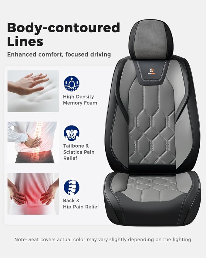 Huidasource Front Seat Covers, Universal Fit for Most Cars SUV Trucks, Full Coverage Leather Seat Cover, Airbag Compatble, Seat Function Retain, Storage Pocket Design, Easy to Install, Black & Gray