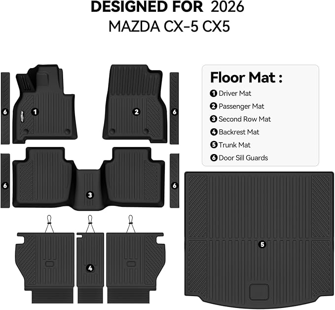 Floor Mats for Mazda CX-5 CX5 2026, Trunk Mat and Backrest Mat & Door Sill Guard All Weather TPE Protector for Mazda CX-5 Accessories