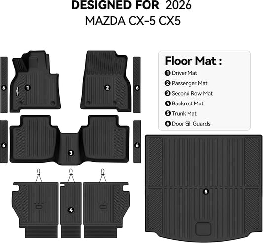 Floor Mats for Mazda CX-5 CX5 2026, Trunk Mat and Backrest Mat & Door Sill Guard All Weather TPE Protector for Mazda CX-5 Accessories
