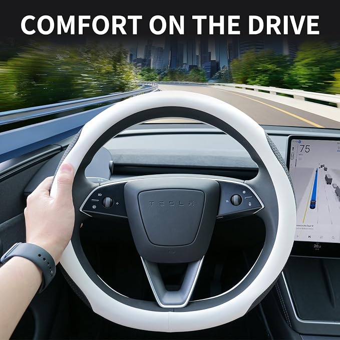 Uxcer Premium Leather Steering Wheel Cover for Tesla Model 3/Y 2016-2025 2026 Juniper/Highland, Non-Slip Breathable Tesla Model 3/Y Steering Wheel Protector, White