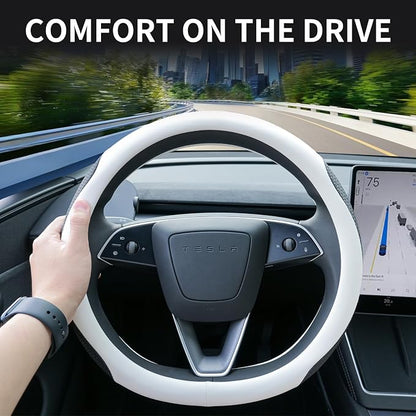 Uxcer Premium Leather Steering Wheel Cover for Tesla Model 3/Y 2016-2025 2026 Juniper/Highland, Non-Slip Breathable Tesla Model 3/Y Steering Wheel Protector, White