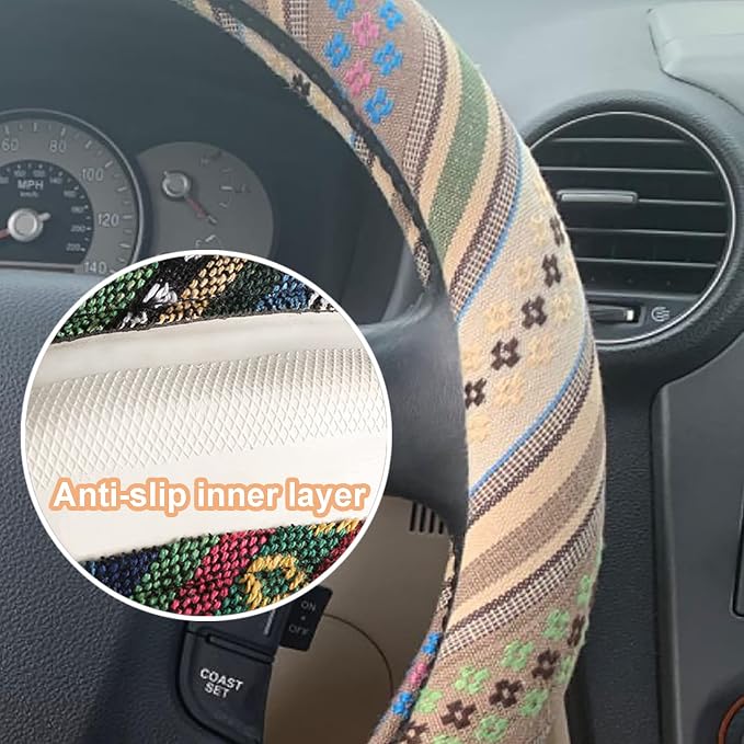 Boho Steering Wheel Cover for Women Men Baja Blanket Enthic Car Steering Wheel Cover Ethnic Car SUV Wheel Protector, Breathable, Anti-Slip, Odorless, Universal Fit 14.5-15 Inch