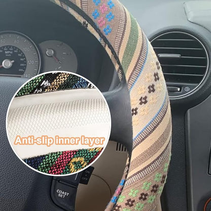 Boho Steering Wheel Cover for Women Men Baja Blanket Enthic Car Steering Wheel Cover Ethnic Car SUV Wheel Protector, Breathable, Anti-Slip, Odorless, Universal Fit 14.5-15 Inch