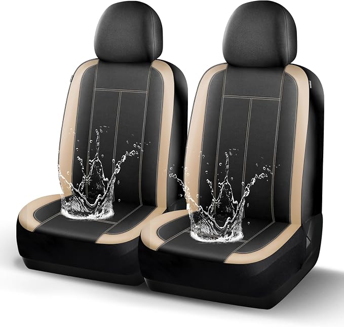 HChengkikz Car Seat Covers Front Seat, Waterproof Neoprene Seat Covers, Car Seat Cover Airbag Compatible, Universal Automotive Comfort for Most Cars, Trucks, SUVs (Black + Beige)