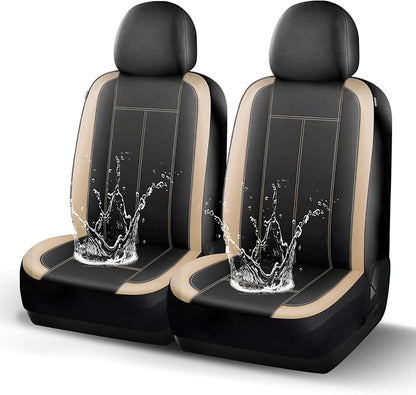 HChengkikz Car Seat Covers Front Seat, Waterproof Neoprene Seat Covers, Car Seat Cover Airbag Compatible, Universal Automotive Comfort for Most Cars, Trucks, SUVs (Black + Beige)