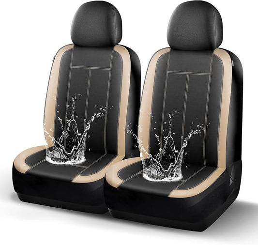 HChengkikz Car Seat Covers Front Seat, Waterproof Neoprene Seat Covers, Car Seat Cover Airbag Compatible, Universal Automotive Comfort for Most Cars, Trucks, SUVs (Black + Beige)