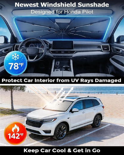 DMJN Umbrella Windshield Sun Shade for Honda Pilot (2005-2026), Car Sunshade for Front Windshield [Nano Ice-Crystal Coatings] UPF50+ Heat & UV Block, Protect Interior & Keep Cooler