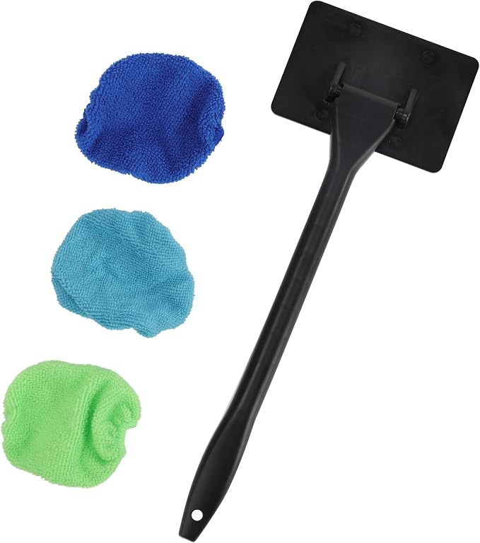 Windshield Cleaner Tool-Car Interior Window Cleaning Kit with Handle & 3 Microfiber Pads, Auto Inside Windshield Wiper Brush Washer Towel for Car & Home Windows