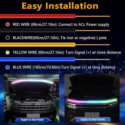 71 Inches RGB Multicolor Dynamic Scanning Starter Hood Lights, Car LED Hood Light Strip, Exterior Flexible Headlight Waterproof Daytime Running Lamps Strips (1 Set)
