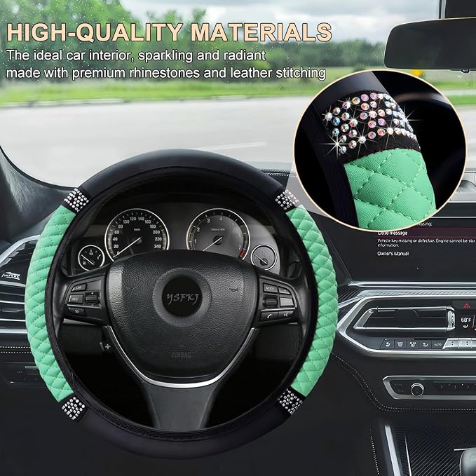 Soft Leather Car Steering Wheel Cover, Universal 15 Inch Colorful Rhinestones Anti-Slip Elastic Steering Wheel Covers for Most Cars, Sparkly Crystal Diamond for Women Girls (Green)