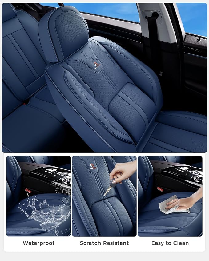 Huidasource Blue Front Seat Cover Luxury Nappa Leather, Front Car Seat Covers with Airbag, Front Storage Pocket, Lumbar Support, Cooling＆Heating, Seat Cover Universal Fit for Most Cars SUV Trucks Blue
