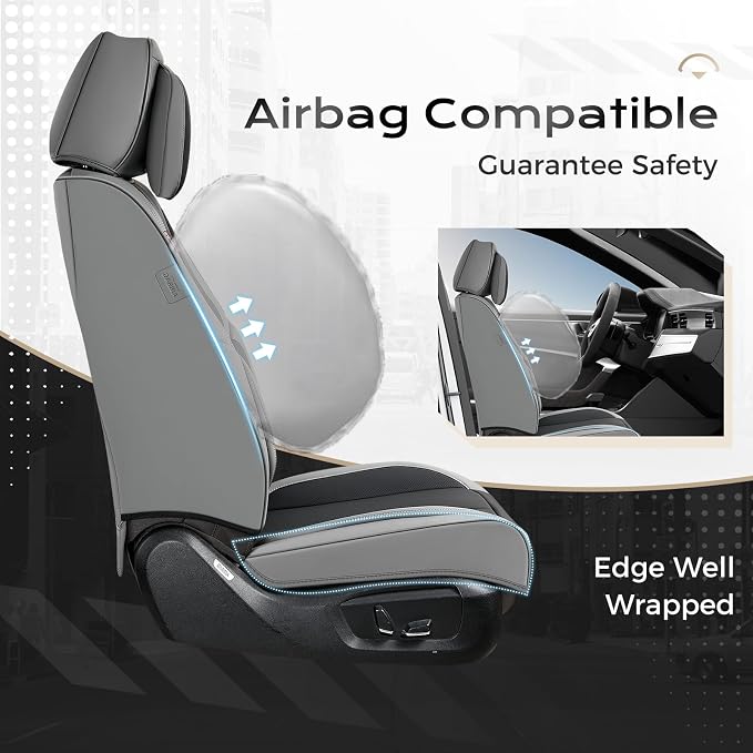 Coverado Seat Covers, Car Seat Covers Front Seats, Car Seat Cover, Car Seat Protector Waterproof, Seat Cushion Nappa Leather with Head Pillow, Carseat Cover Universal Fit for Most Cars (Gray&Black)